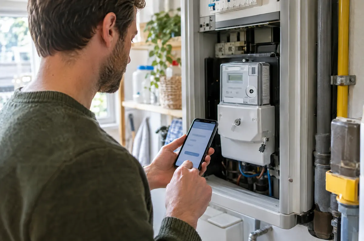 Hauseigentümer liest den Stromzähler ab und erfasst den Wert in einer App
