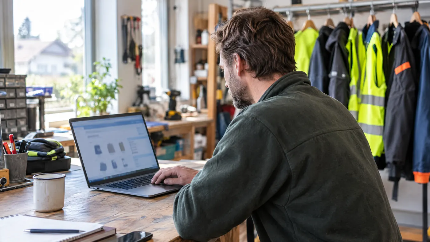 Handwerker bestellt Arbeitsbekleidung am Laptop in seiner Werkstatt