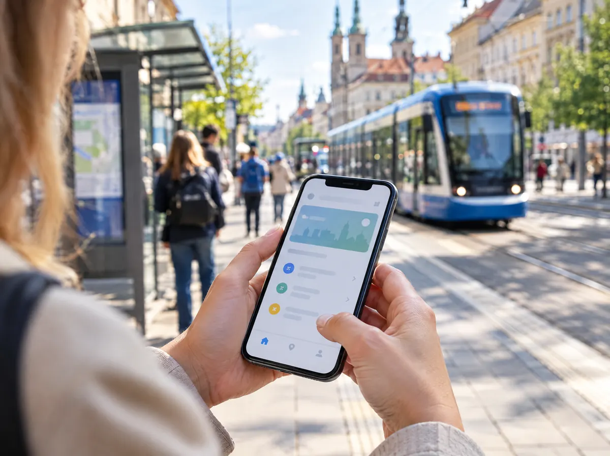 Hände halten ein Smartphone mit einer Kunden-App an einer Tramhaltestelle