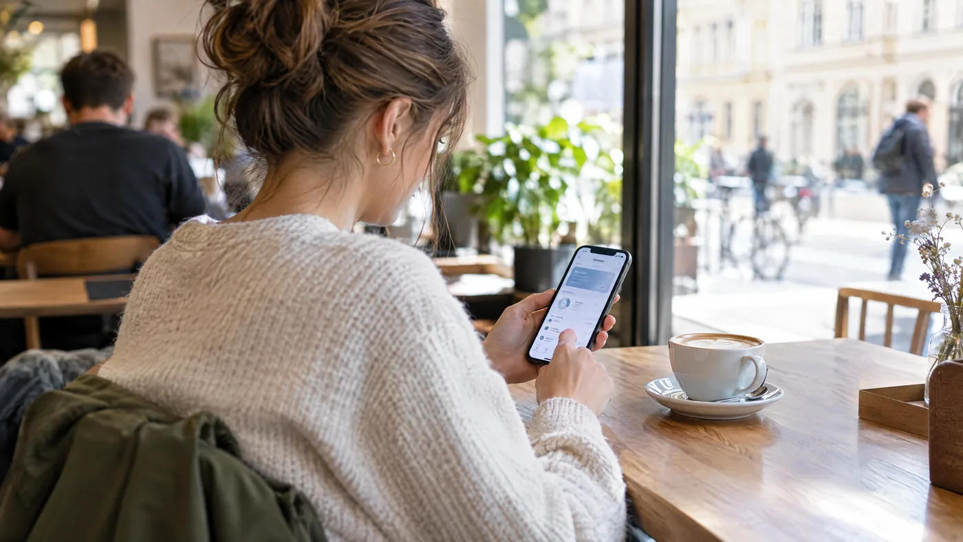 Frau nutzt in einem Café eine Banking-App auf dem Smartphone