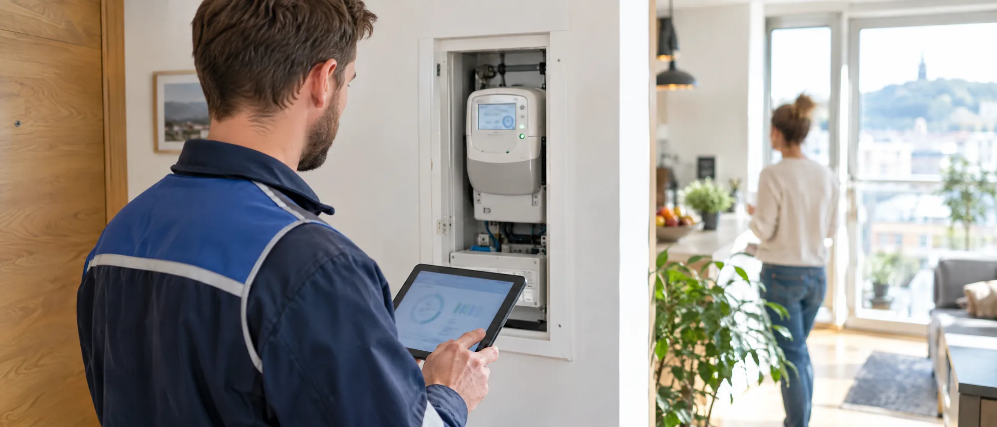 Servicetechniker prüft einen digitalen Stromzähler