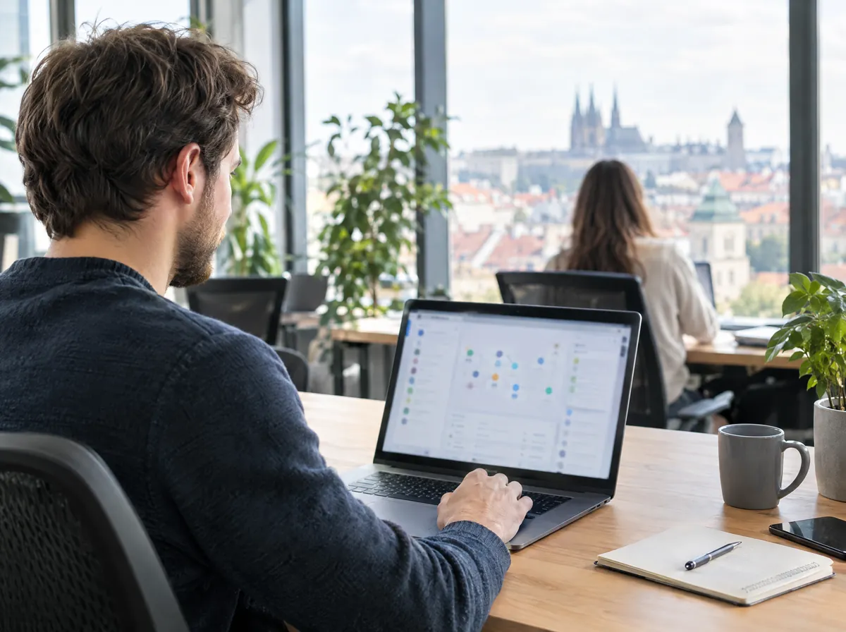 IT-Spezialist prüft verbundene Datenquellen und Suchergebnisse am Laptop