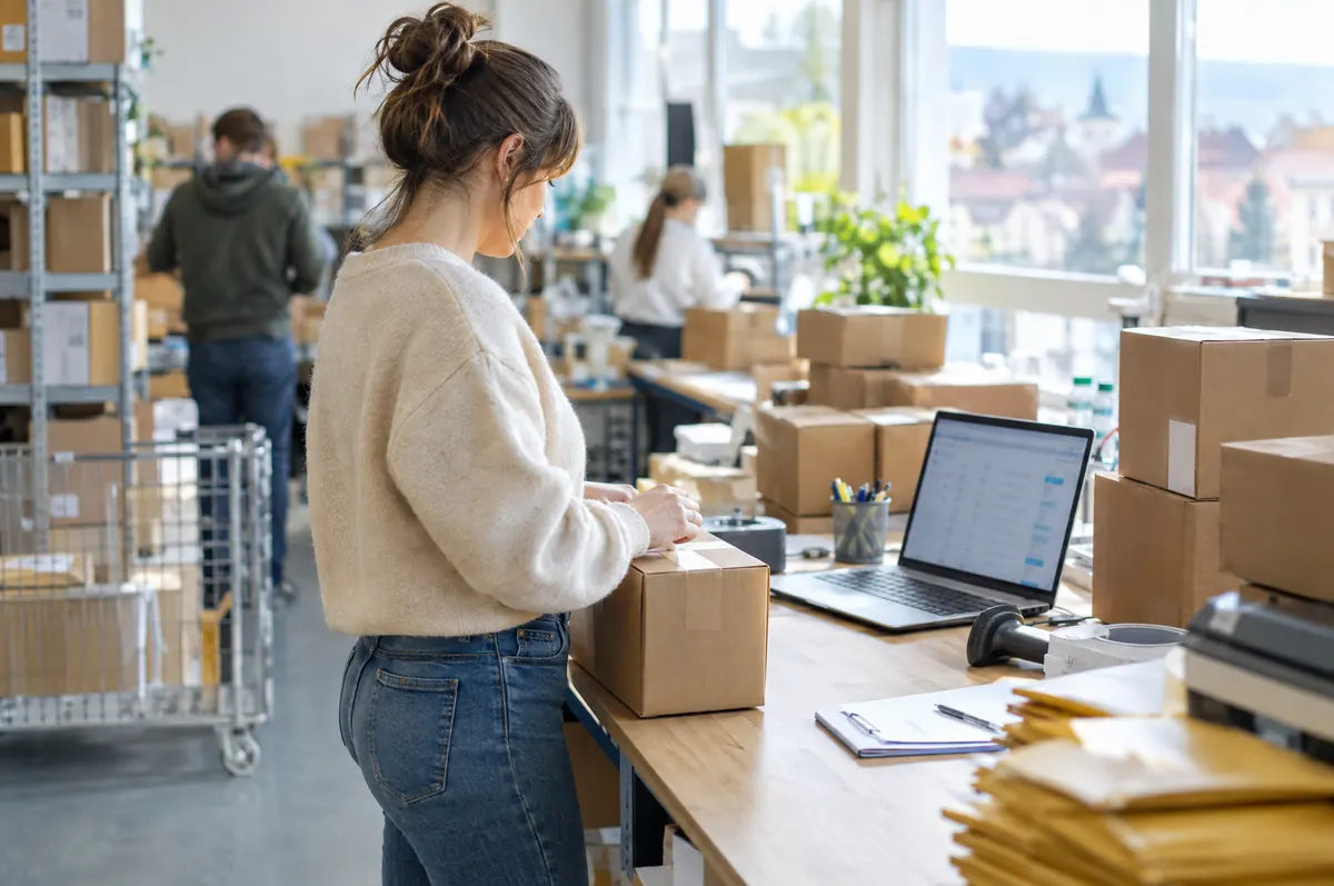 Packstation in einem E-Commerce-Lager mit Paketen und Laptop