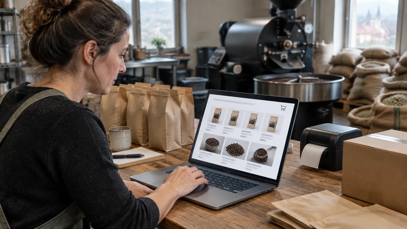Kaffeeröster prüft am Tablet Bestellungen aus dem Webshop, im Hintergrund Säcke mit Rohkaffee