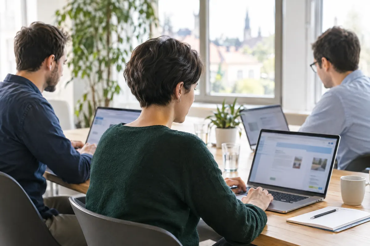 Kommunikationsteam eines Verbands arbeitet an der Website