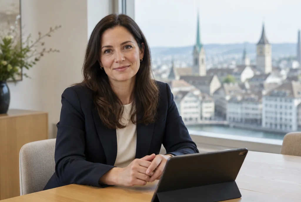Kundenberaterin einer Bank sitzt an einem Tisch, vor ihr ein Tablet, hinter ihr der Blick auf eine Schweizer Altstadt