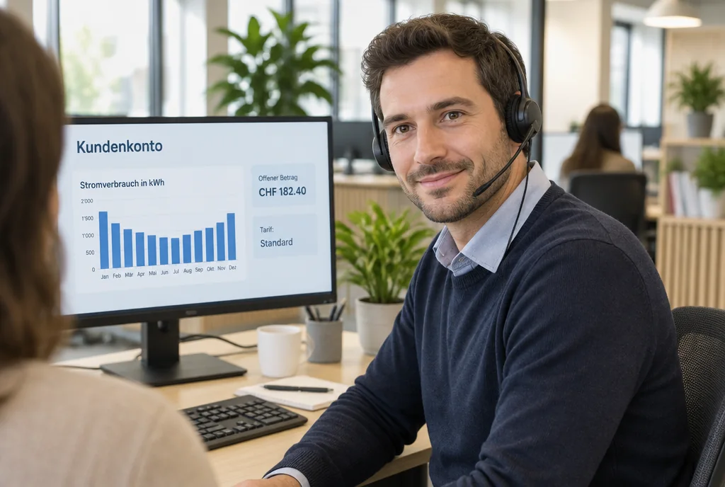 Mitarbeiter im Kundenservice eines Energieversorgers mit Headset, auf dem Bildschirm ein Kundenkonto mit Stromverbrauch, Beispieldarstellung