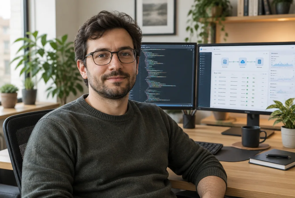 Entwickler an seinem Arbeitsplatz mit zwei Bildschirmen, links Programmcode, rechts eine Cloud-Ansicht, Beispieldarstellung