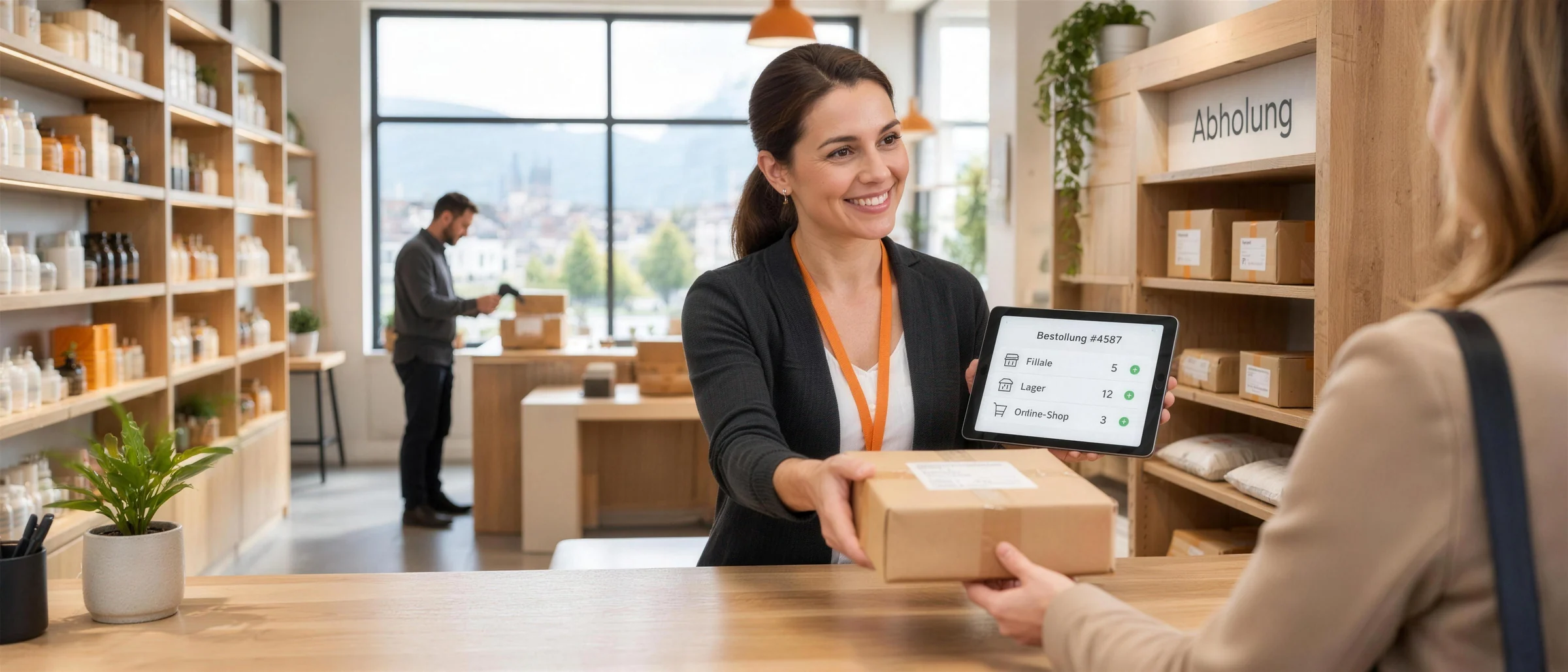 Verkäuferin übergibt an der Abholtheke ein Paket und zeigt auf dem Tablet den Bestand in Filiale, Lager und Online-Shop
