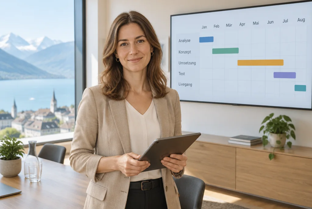 Projektleiterin mit Tablet im Büro, hinter ihr ein Projektplan auf dem Bildschirm, Beispieldarstellung