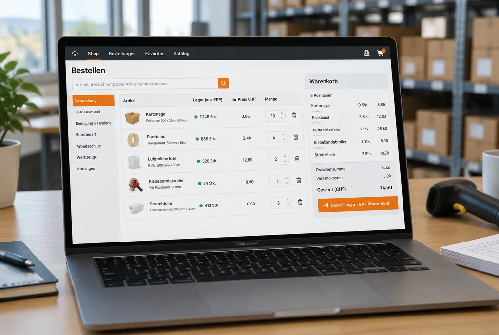 Laptop mit einem B2B-Shop, Lagerbestand aus dem ERP und Bestellung an SAP, Beispieldarstellung