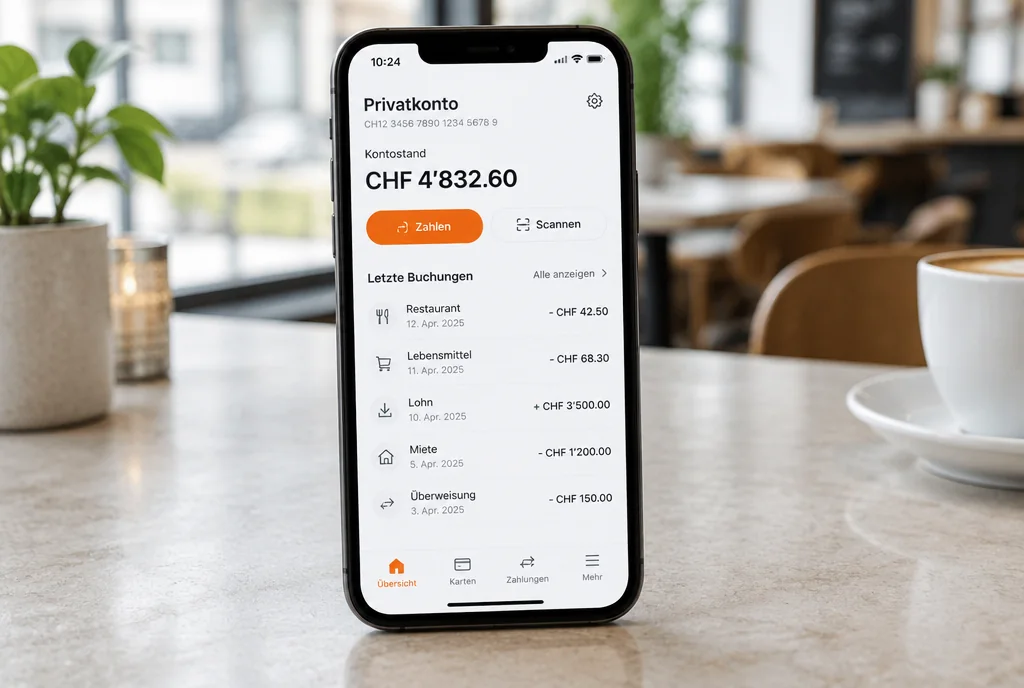 Smartphone mit einer Banking-App, Kontostand und letzte Buchungen, Beispieldarstellung