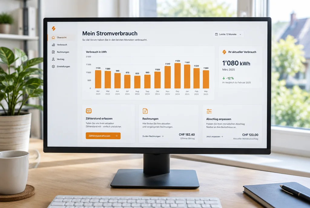 Monitor mit einem Energieportal, Stromverbrauch in kWh, Beispieldarstellung