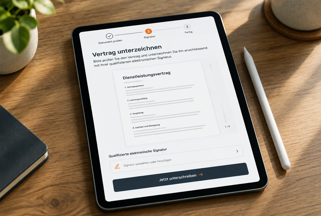 Tablet mit einem Vertrag zur qualifizierten elektronischen Signatur, Beispieldarstellung