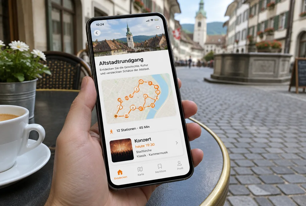 Smartphone mit einer Stadt-App, Altstadtrundgang auf der Karte, Beispieldarstellung