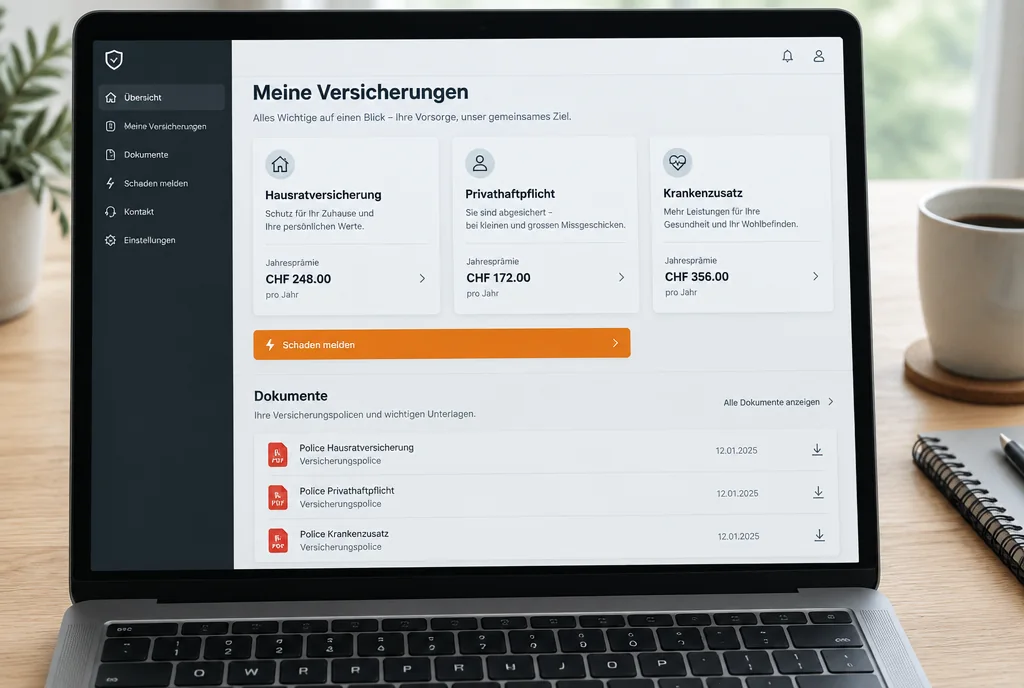 Laptop mit einem Versicherungsportal, Policen und Dokumente, Beispieldarstellung