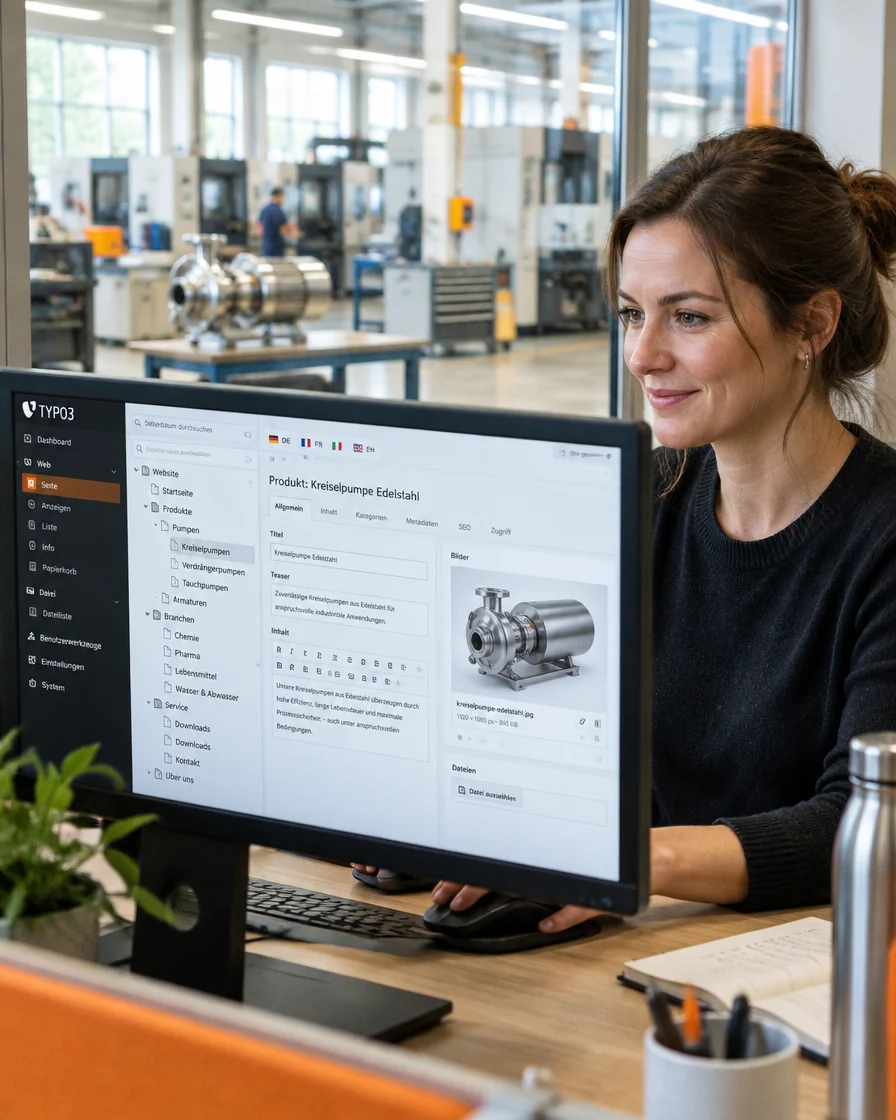Redakteurin pflegt im TYPO3-Backend die Produktseite einer Edelstahlpumpe, dahinter die Produktionshalle