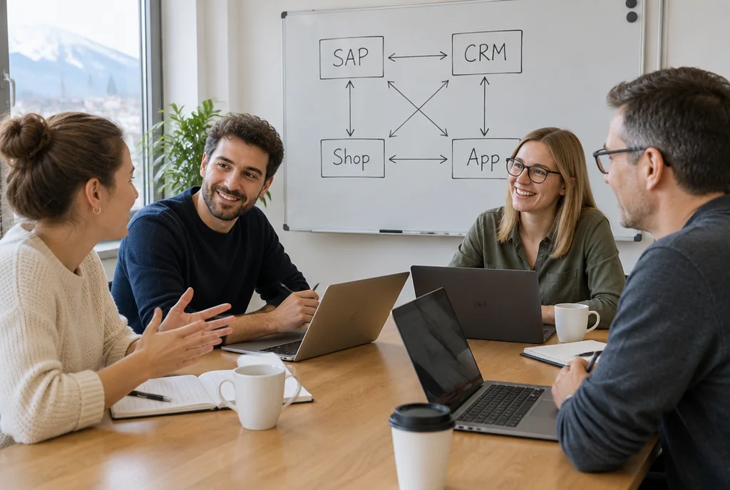 Vier Personen im Workshop an einem Tisch, auf dem Whiteboard die Systeme SAP, CRM, Shop und App mit Verbindungspfeilen