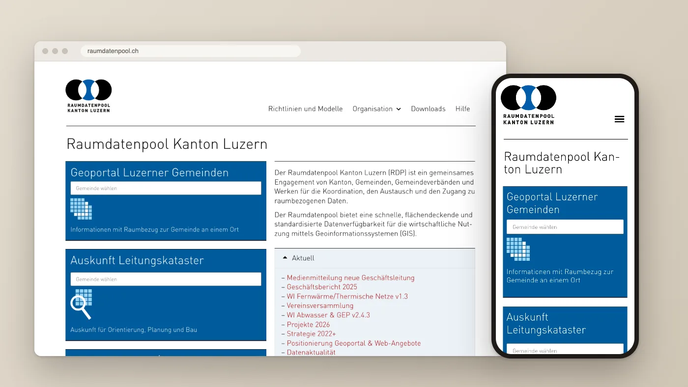 Startseite der Website von Raumdatenpool Kanton Luzern, Screenshot vom 13.10.2026